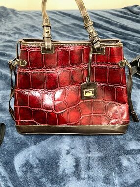 Dooney & Bourke Red Croc-Embossed Satchel with Brown Trim